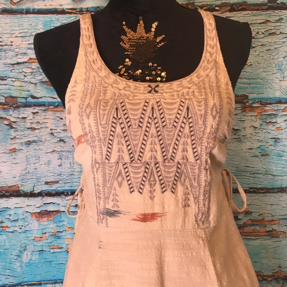 Free People Cream Textured Embroidered Sundress with Subtle Multi-Color Accents